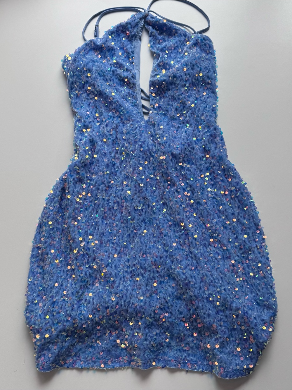 Lucy in the Sky Iridescent Light Blue Sequin Halter mini dress - Picture 3 of 11
